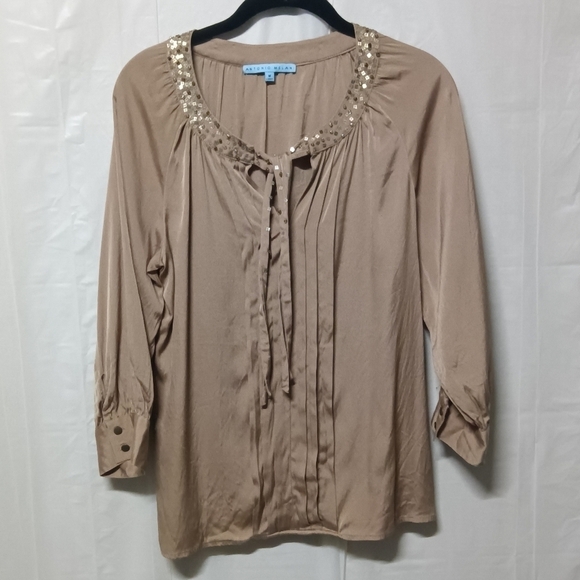 Antonio Melani Silk Blouse Tan Sequin Detail Medium - Picture 2 of 13
